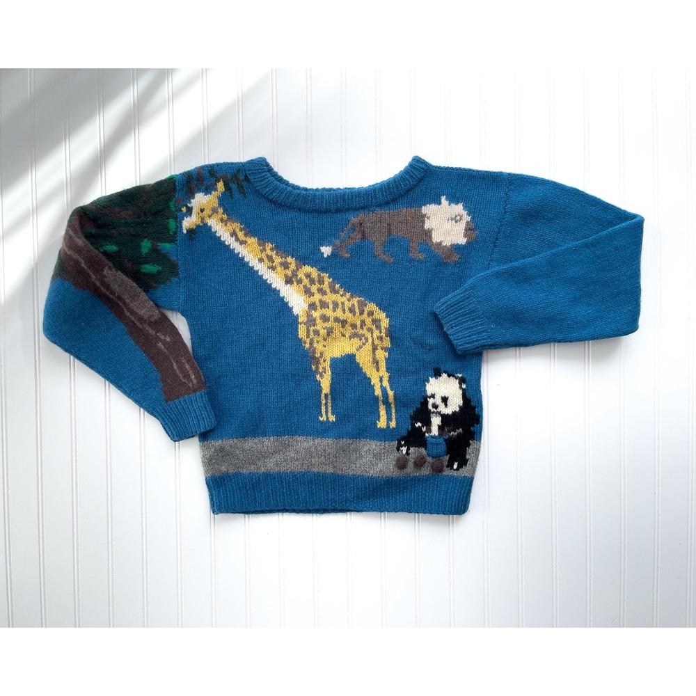 vtg Eagle's Eye blue wool‎ zoo animals hand knit sweater XS